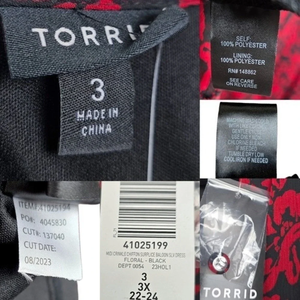 Torrid Womens Balloon Sleeve Black Red Floral Chiffon Midi Dress Size 3X NWT - Picture 7 of 7